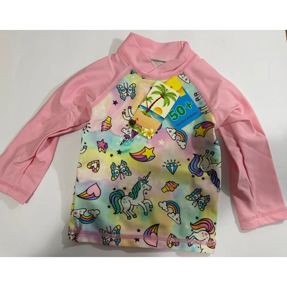 Kids Girls Pink Unicorn Rainbow Rash‎ Guard Swimsuit Set 12M UPF 50+